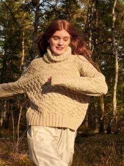 Outlet Sweater Shop 100% Fine Merino Wool Cable Polo Neck Beige