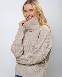 Outlet Sweater Shop 100% Fine Merino Wool Cable Polo Neck Beige