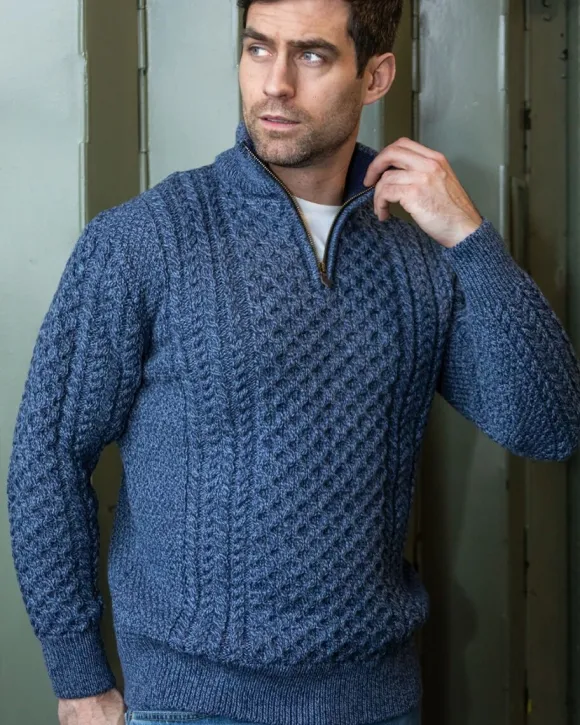 Online Sweater Shop Mens Aran Half Zip Neck Sweater Denim Marl