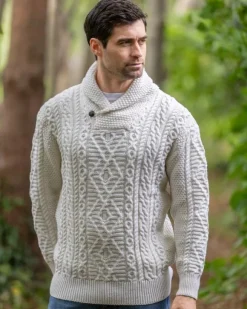 Best Sweater Shop Men's Aran Shawl Neck Merino Wool Sweater
