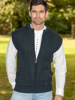 Hot Sweater Shop Mens Full Zip Aran Waistcoat Blackwatch