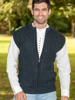 Hot Sweater Shop Mens Full Zip Aran Waistcoat Blackwatch