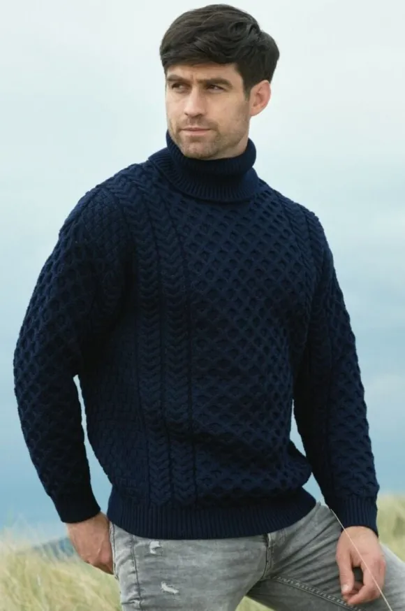 New Sweater Shop Unisex Aran Turtleneck Sweater Navy